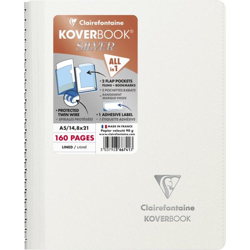 Carnet reliure intégrale enveloppante Koverbook Silver A5 160 pages ligné couverture polypropylène opaque - Assortis