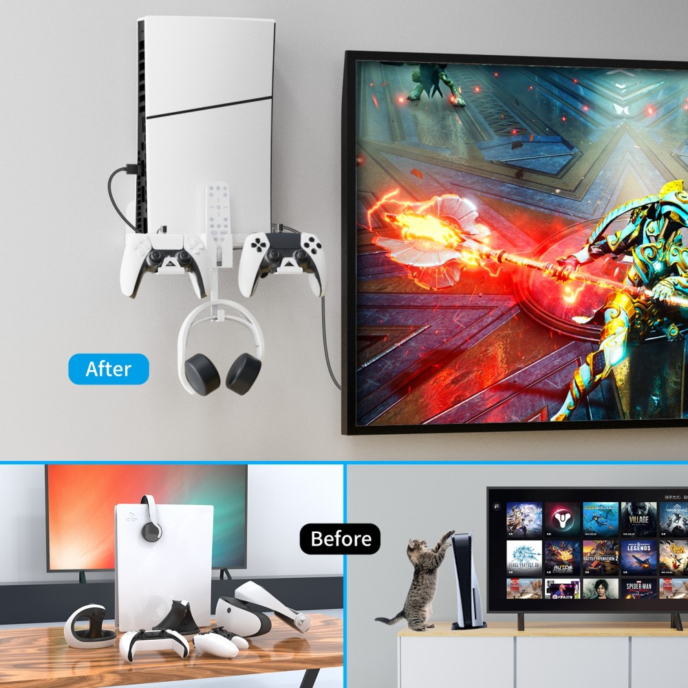 Sony PlayStation PS5 Slim Wandhalterung Metall Konsolen Halter mit Fernbedienung / Headset / Controller Halterung inkl. Dual Ladekabel - Weiss