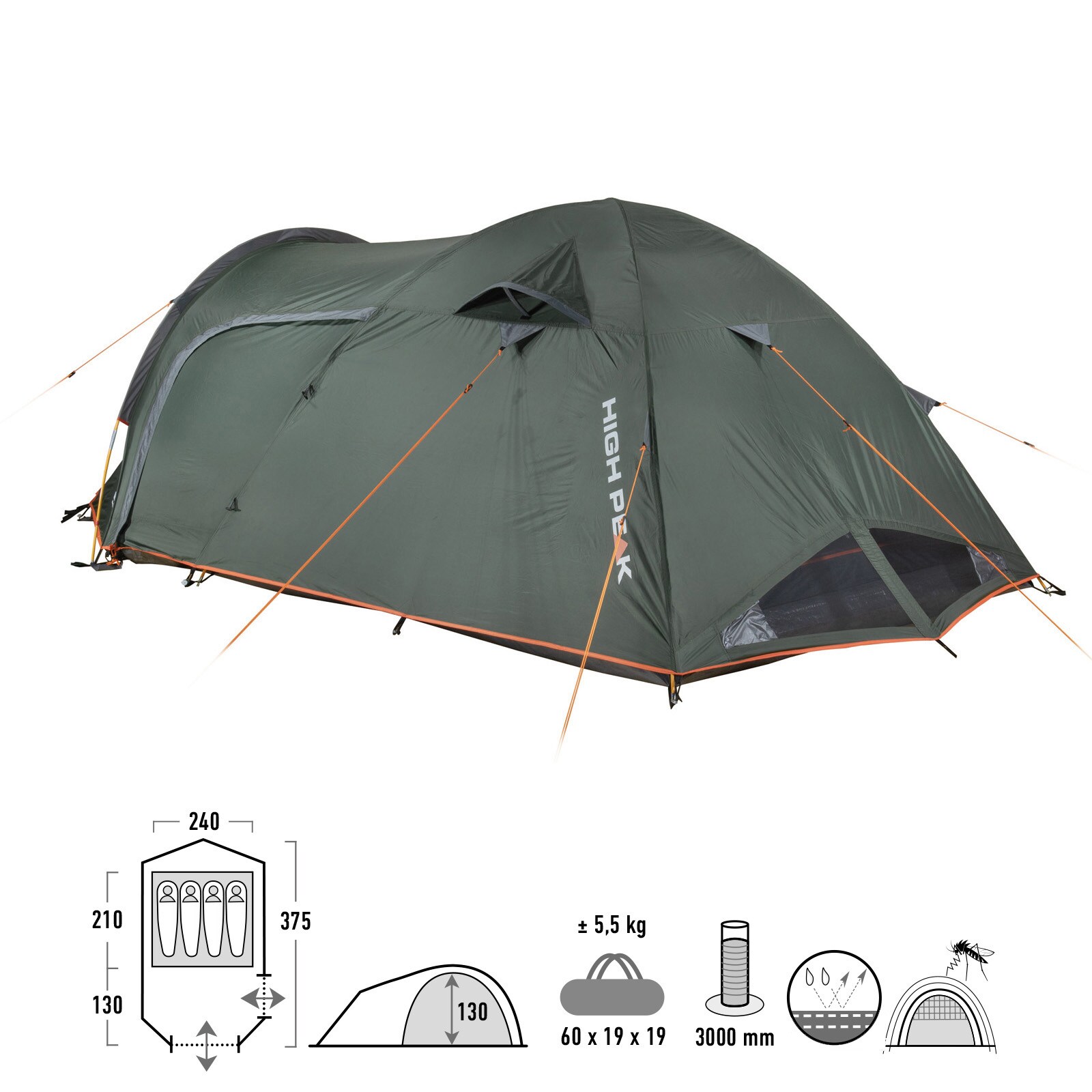 HIGH PEAK Kuppelzelt Kira 3 4 Personen Camping Trekking Zelt Igluzelt Vorraum Größe: Kira 3.1