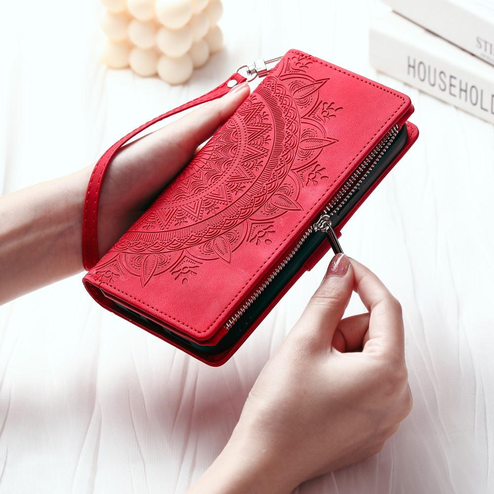 Samsung Galaxy A55 Leder Tasche Flip Cover mit Reissverschluss - Mandala Flowers Imprint - Rot
