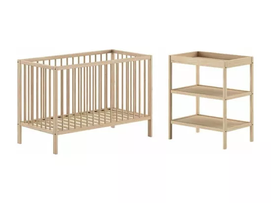 ELIOTT - Ensemble Lit Bébé Evolutif + Table à Langer en Hêtre Massif Vernis Naturel