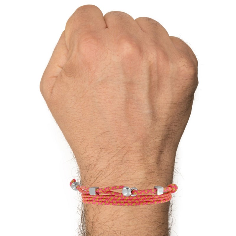 Bracelet Homme Métal Argenté Cubes Fermoir Bouton et Lien en Paracorde - Orange Fluo