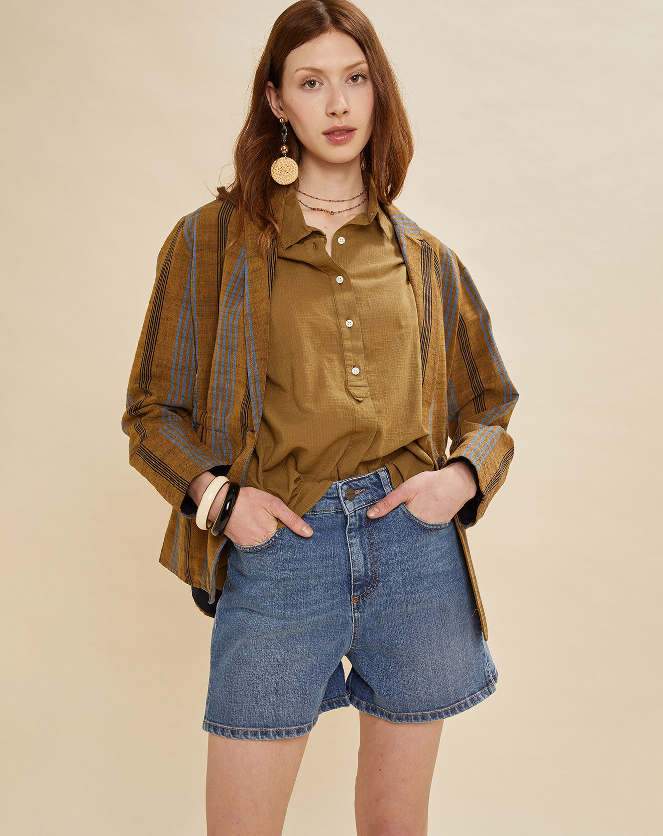 Chloé Stora Veste en Coton & Lin Uma à rayures ocre foncé