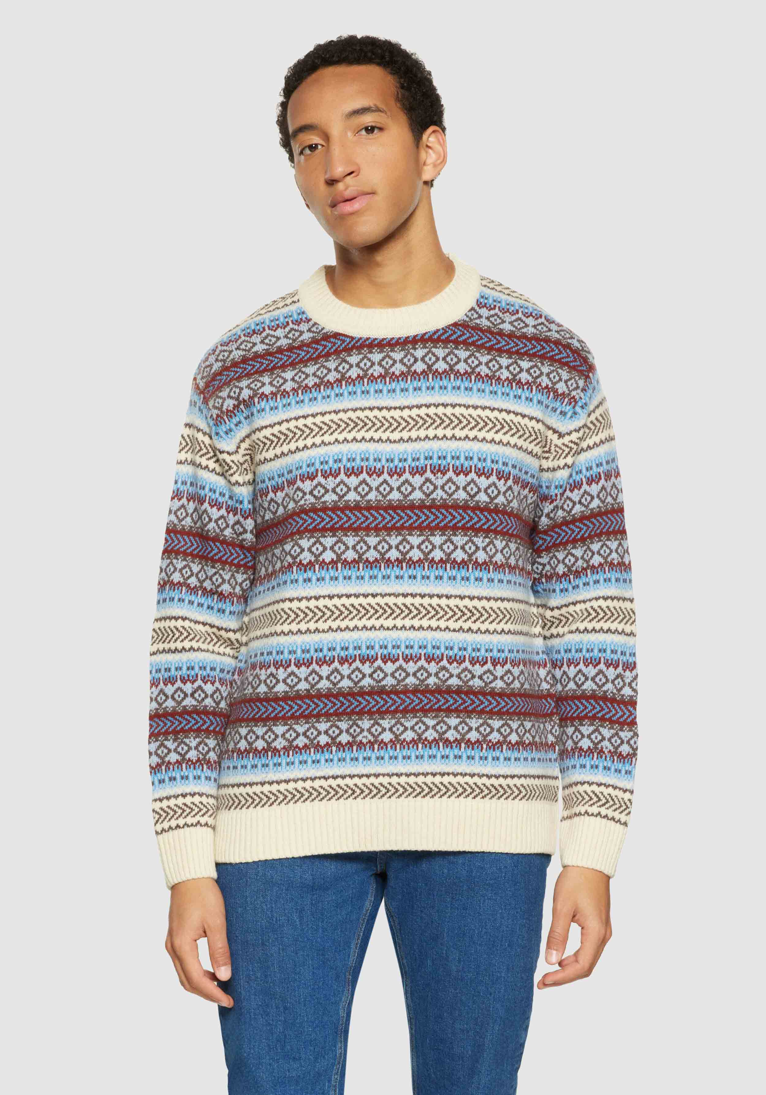 Knowledge Cotton Apparel Strickpullover Knitted Fair Isle Crew Neck Multi Color Stripe
