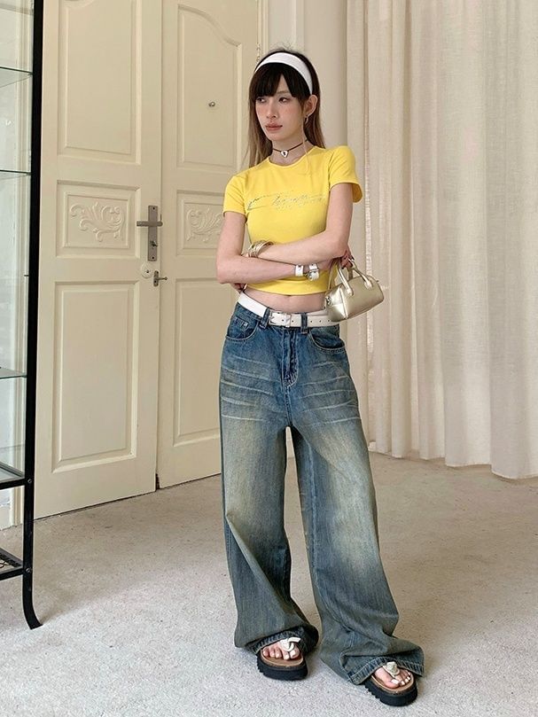 Coline - Mid Waist Washed Wide Leg Jeans