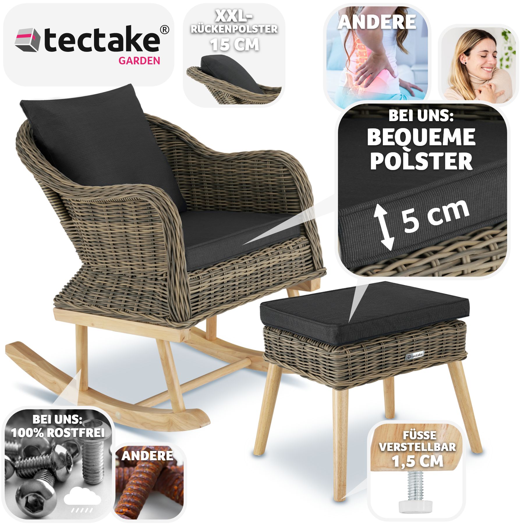 tectake® Rattan Schaukelstuhl Rovigo mit Fußbank Vibo, natürlich nachempfundenes Geflecht mit Aluminiumgestellen, Kufen und Beine aus Holz, höhenverstellbare Kunststoffkappen