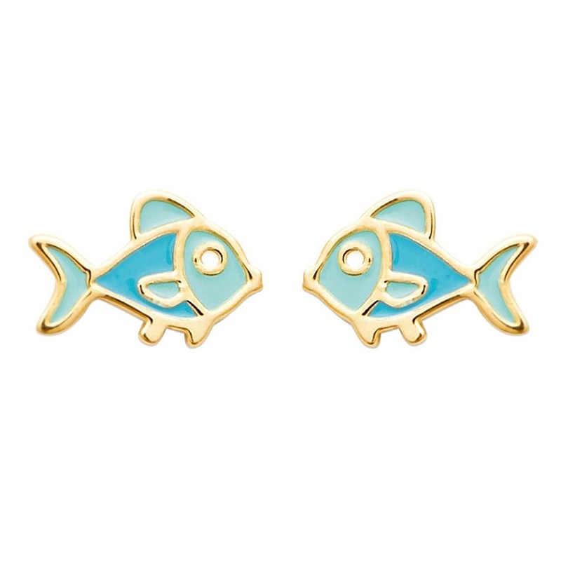 Boucles d'oreilles poisson émail coloré bleu Plaqué OR 750 3 microns