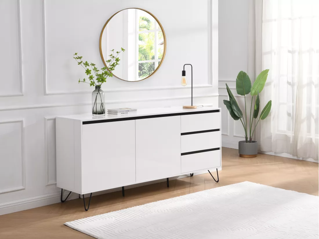 Buffet avec 2 portes et 3 tiroirs en MDF et acier - Blanc et Noir - ABUJA de Pascal Morabito