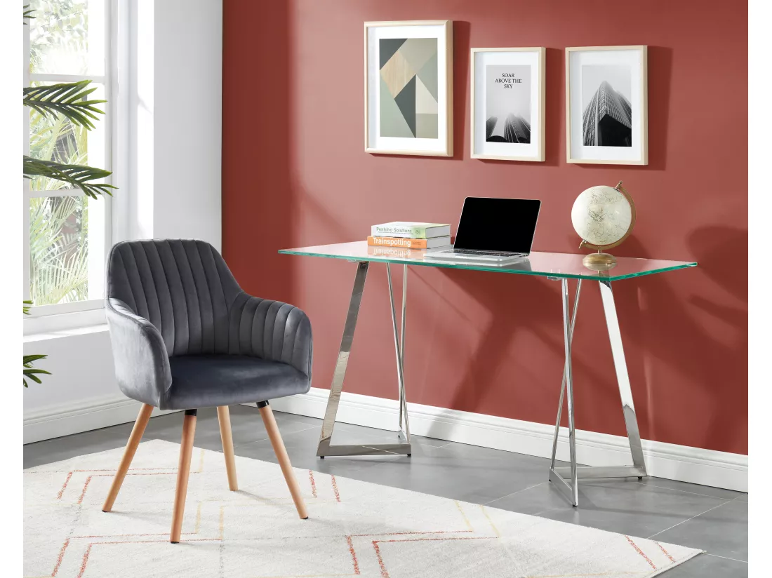 Lot de 2 chaises avec accoudoirs en velours et métal effet bois - Gris - ELEANA