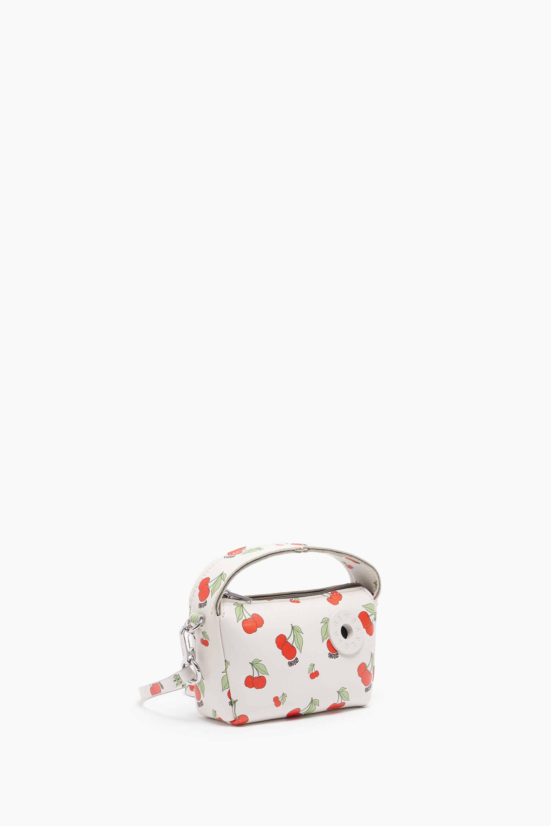 Bolsa hobo tamanho XS, em couro branco com estampa de cerejas.