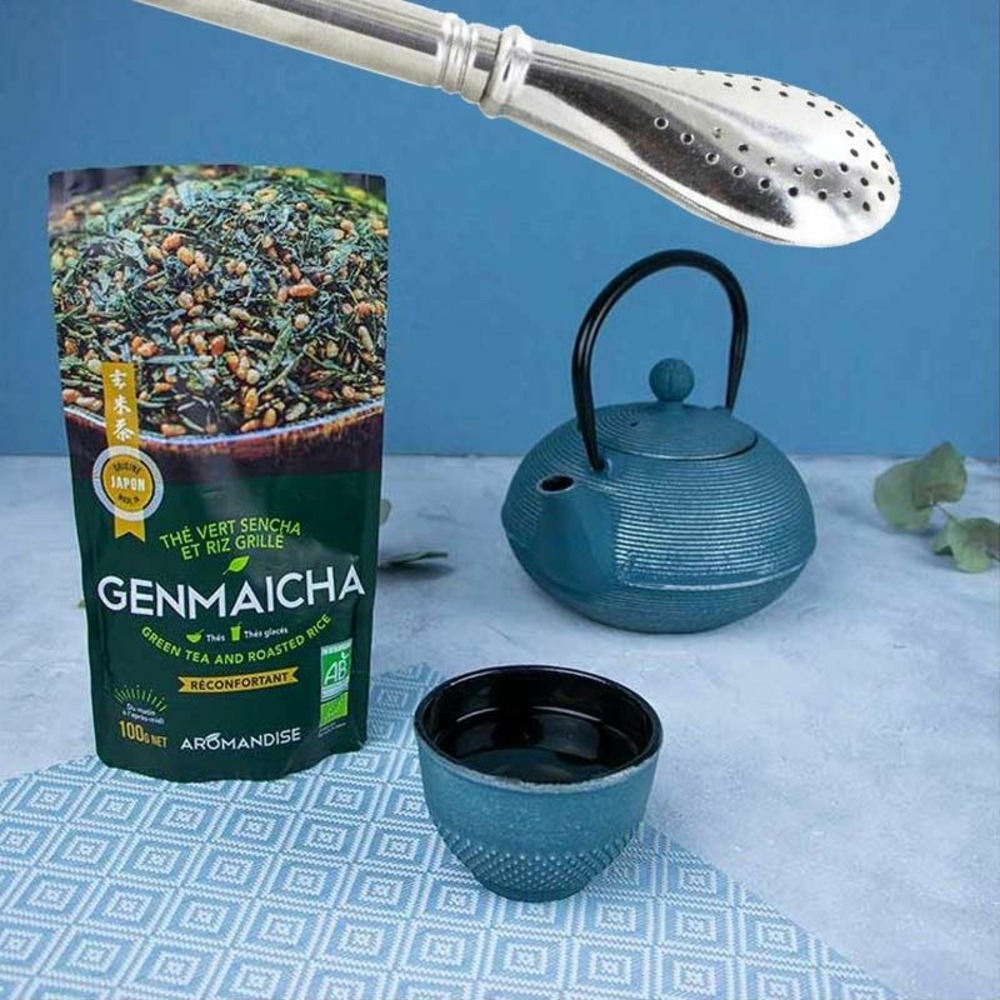 Thé vert bio et riz complet genmaicha 100 g + paille inox avec filtre