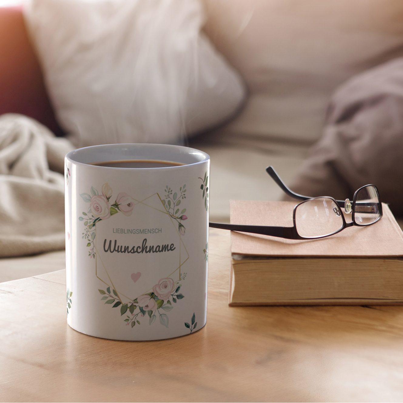 Personalisierte Panorama-Tasse, weiß (Motiv: Floral)