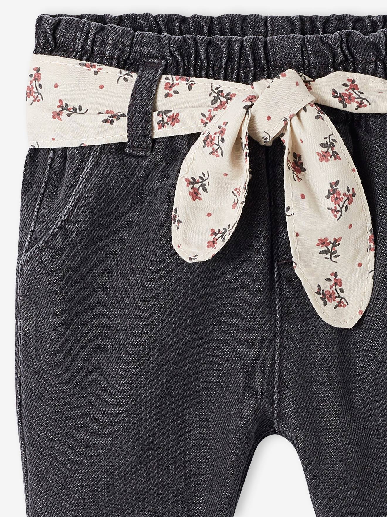 Calça jeans com cinto de tecido, para bebê, azul escuro liso