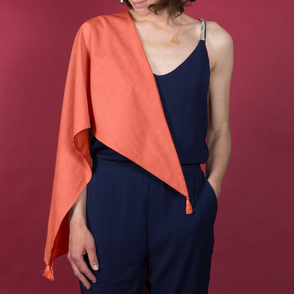 Foulard Pompon Gaze Lurex Corail