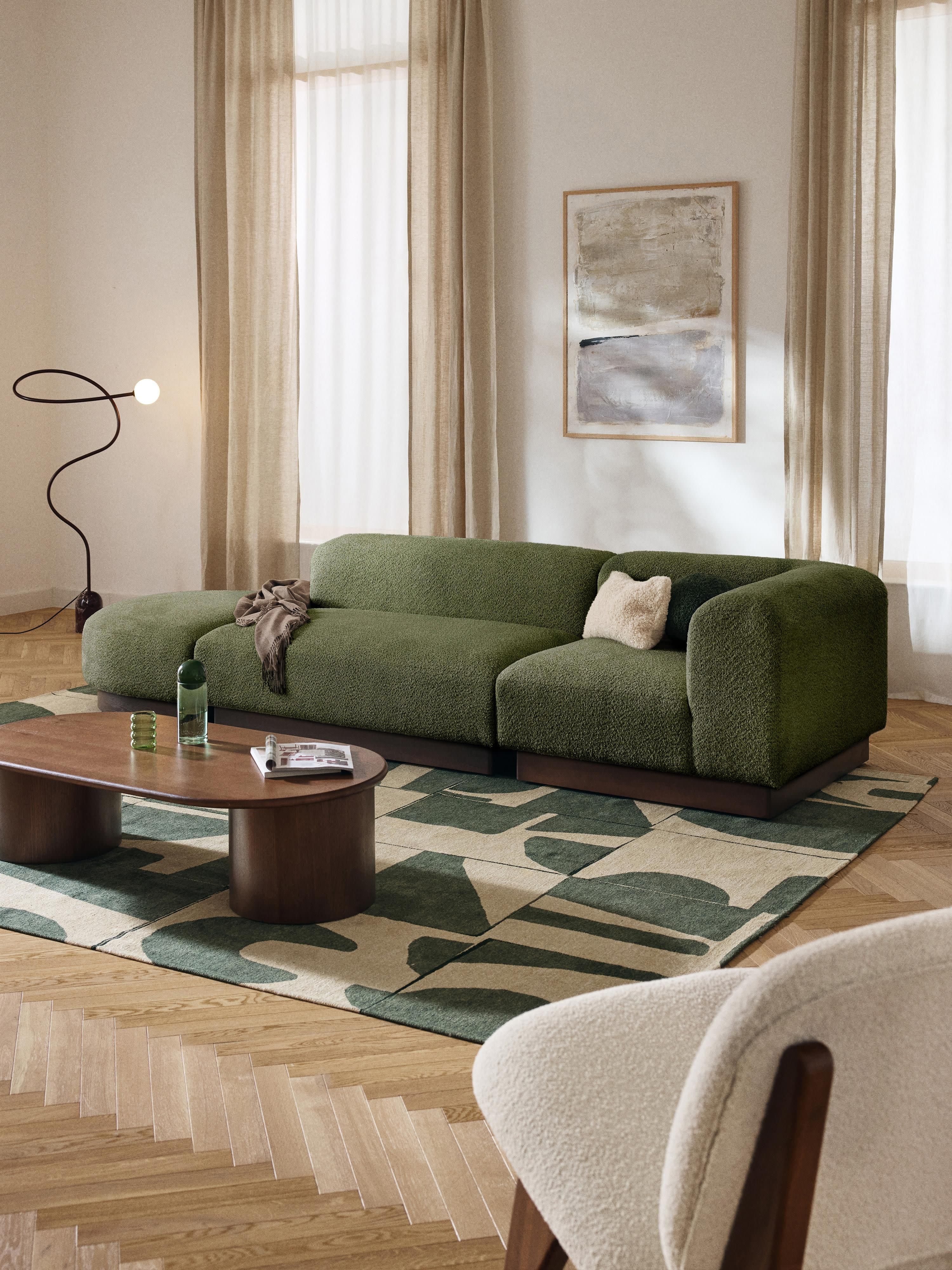 Modulaire chaise longue Natalie uit teddy-bouclé met poef (links/rechts)