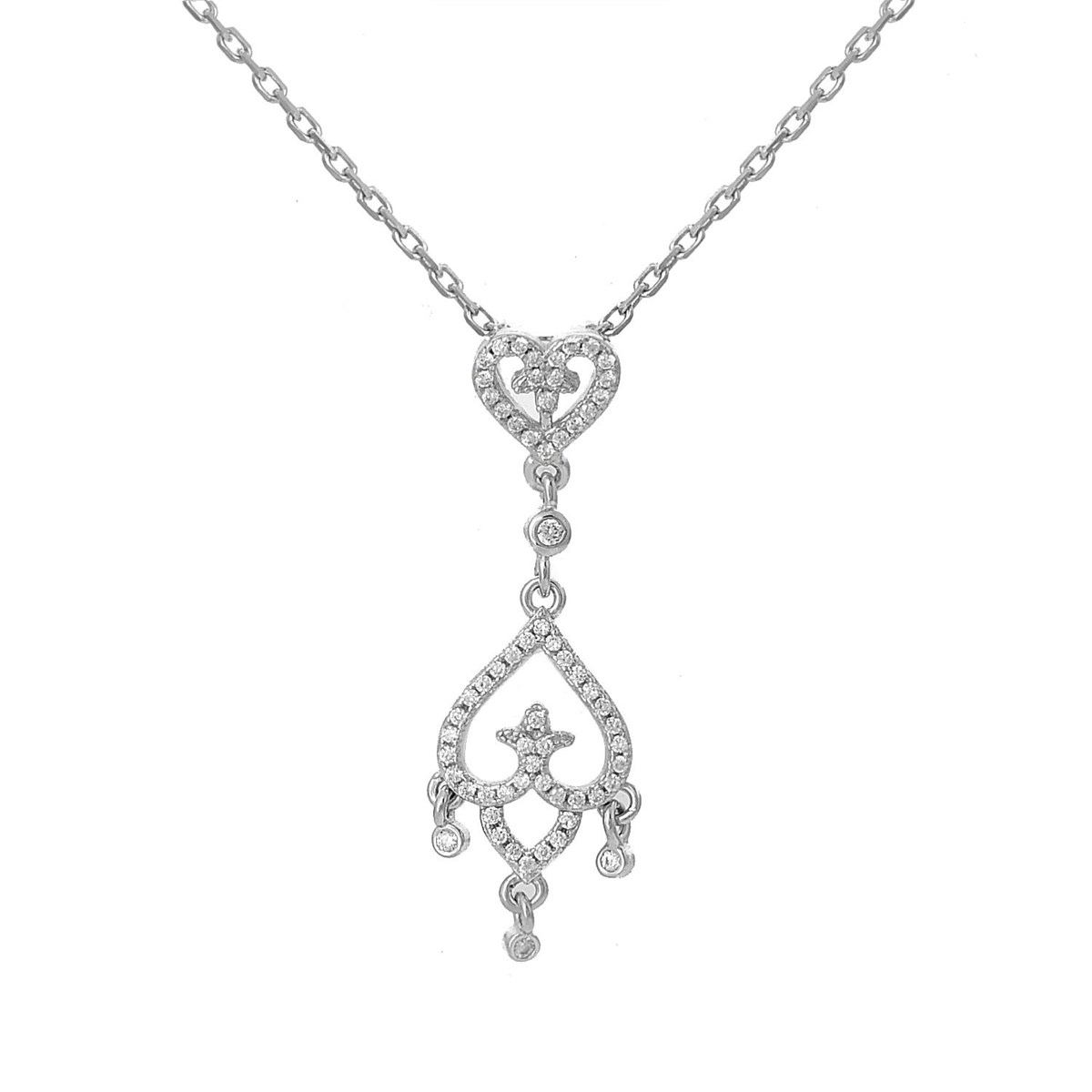 Collier 2 coeurs inversés sertis d'oxyde de zirconium pendant Argent 925 Rhodié