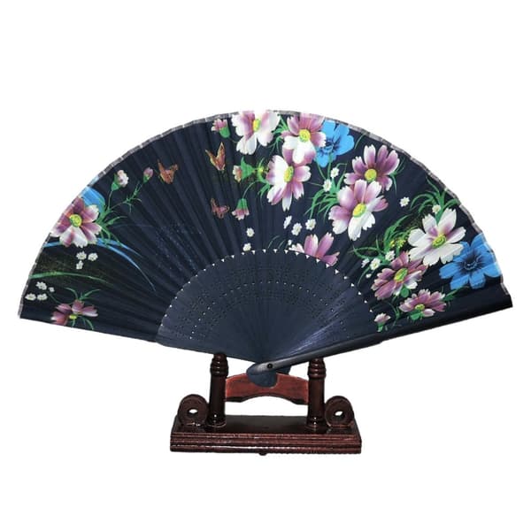Fan - Oriental Winds [M14] - Mørk blå med rosa blomster