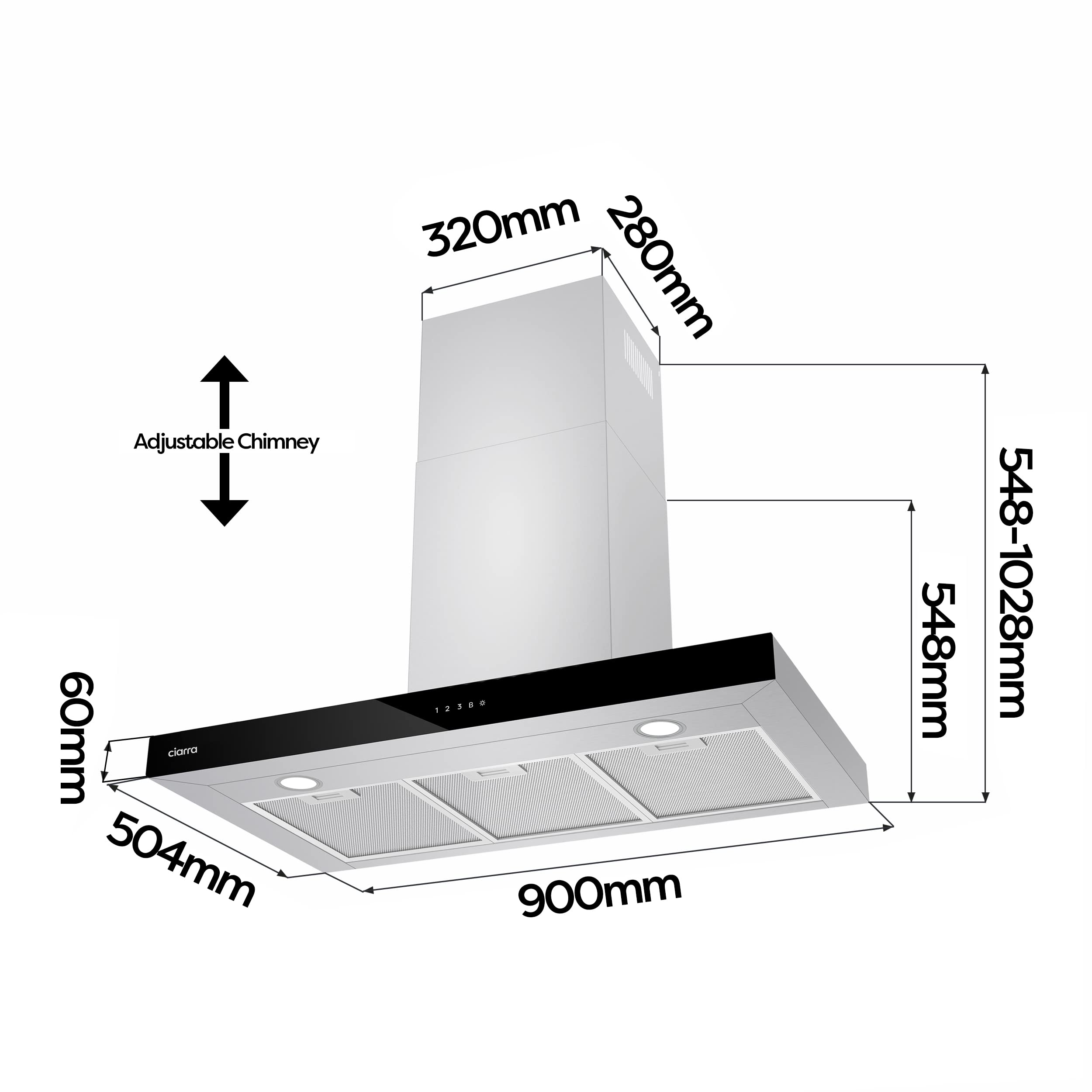 Ciarra Hotte Apisrante 90cm 650 m³/h - Class A+++ - 4 Vitesses - Fonction Boost - Hotte de Cuisine Silencieuse - Commande Tactile - Wi-Fi - LED Dimmab