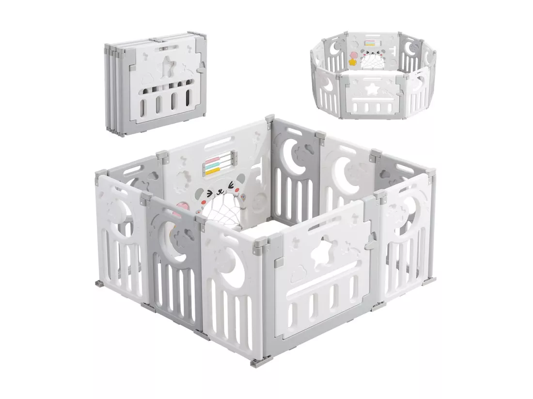 Parc Bébé,Barrière de Sécurité Portail Parc,Parc Bébé en Plastique Ecologique,Grille de Protection en Plastique avec Porte (10 Panneaux）- Gris