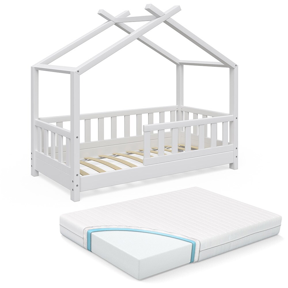 VitaliSpa Kinderbett Hausbett DESIGN 70x140cm Weiß Zaun inkl. Matratze 70x140cm