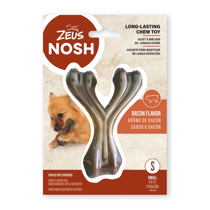 Brinquedo para mastigar Zeus Nosh Strong em formato de osso da sorte, sabor bacon, 11 cm