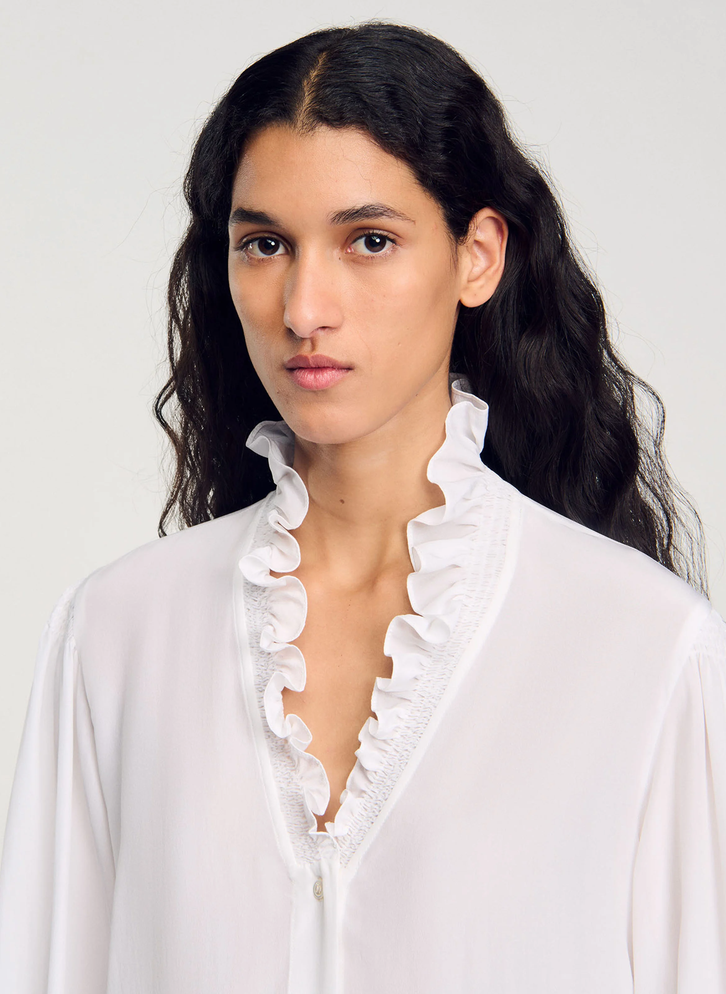 Chemise droite col V en soie | Blanc