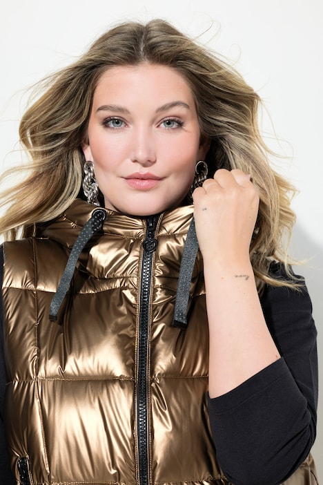 Steppjacke, lange A-Linie, Kapuze, Glitzersteinchen-Bänder