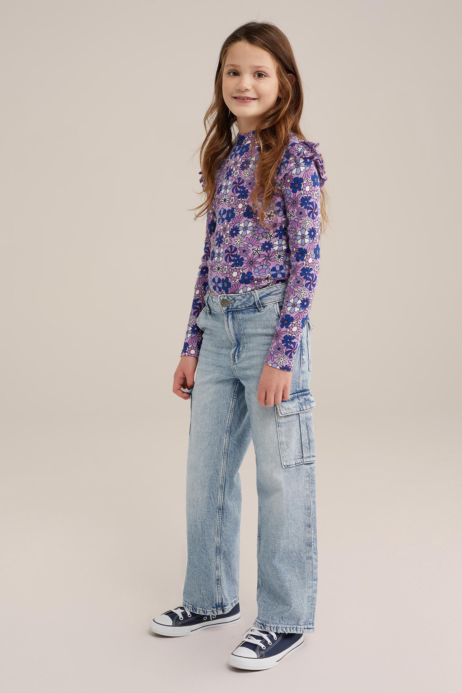 Meisjes geribd T-shirt met ruches WE Fashion Lichtpaars