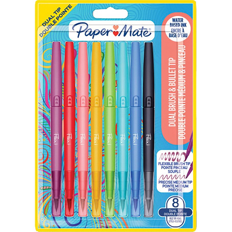 Stylo feutre Papermate Flair Dual double pointe écriture moyenne - Pochette de 8