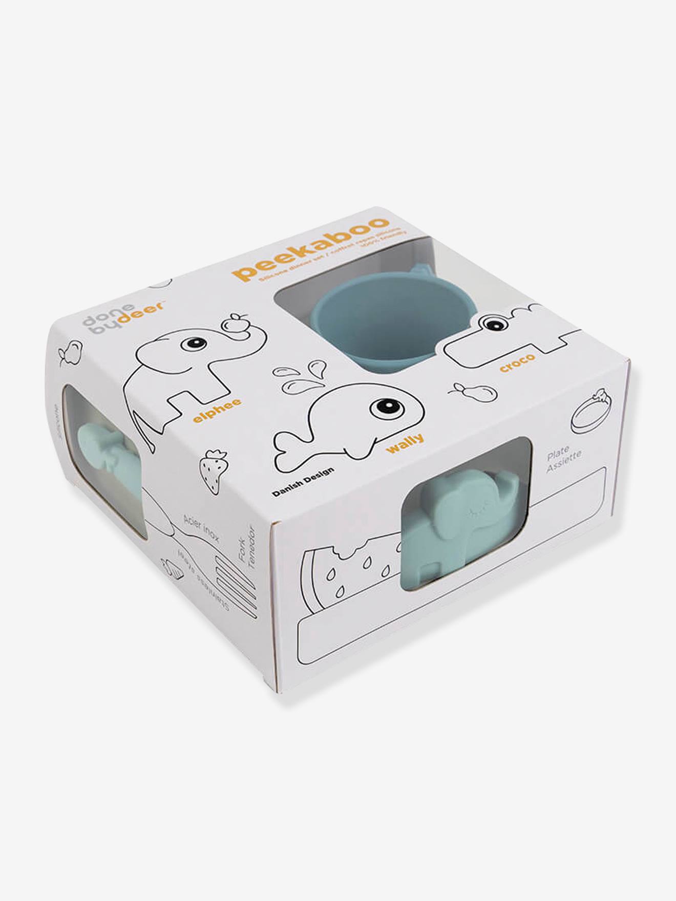 FEITO POR UM VEADO Estojo para alimentos Peekaboo Deer Friends com 3 itens, feito de silicone rosa claro liso com motivos.