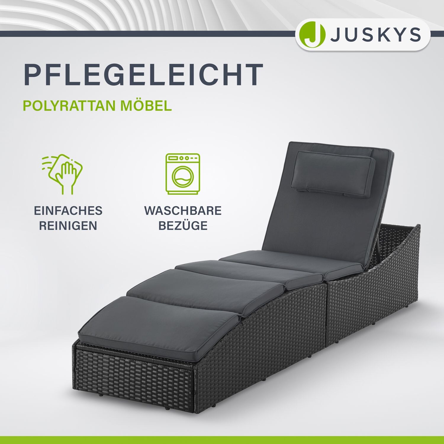Juskys Sonnenliege Lamia klappbar - Polyrattan Gartenliege mit Auflage - Outdoor Liege Schwarz