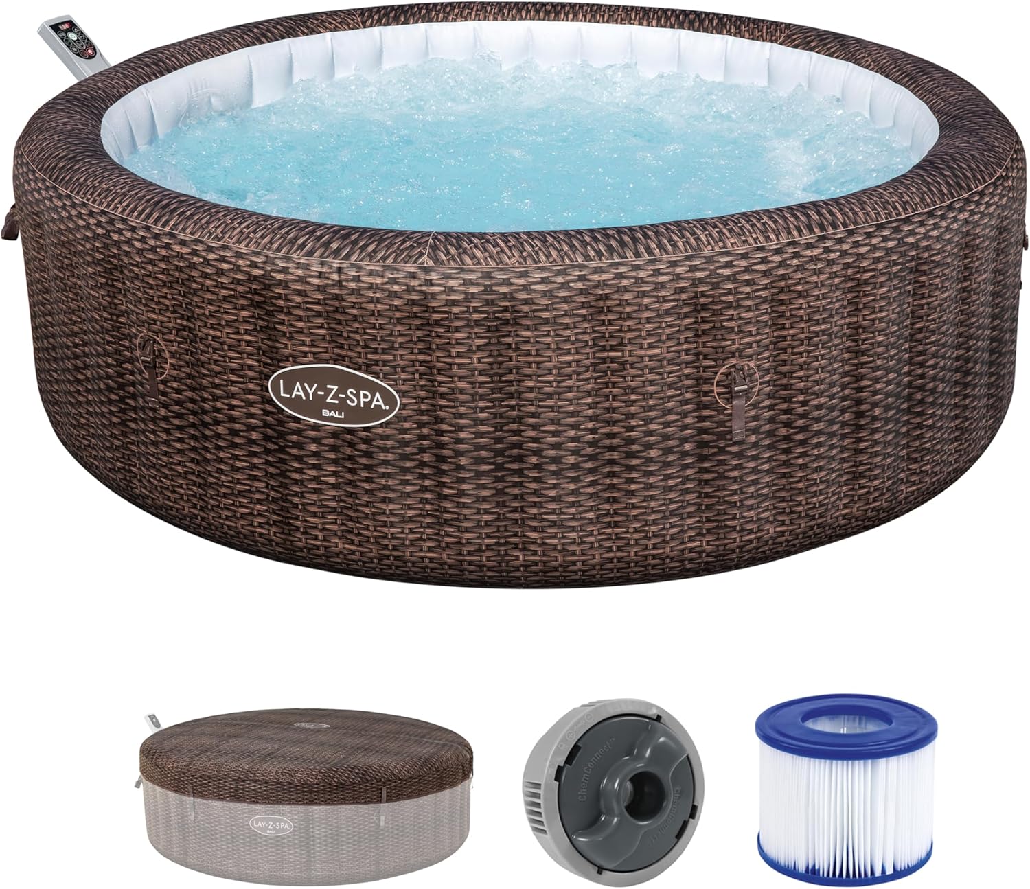 Bestway® Lay-Z-SPA® Energiespar-Whirlpool Bali AirJet™ mit App-Steuerung + integrierter UltraFit™ -Pumpeneinheit, für 7 Personen Ø 216 x 71 cm, Rattan-Optik (Schokobraun)