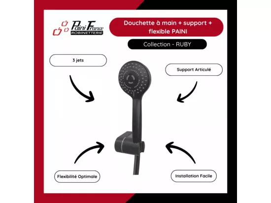Pommeau de douche + support + flexible PAINI Ruby Rond Noir Mat