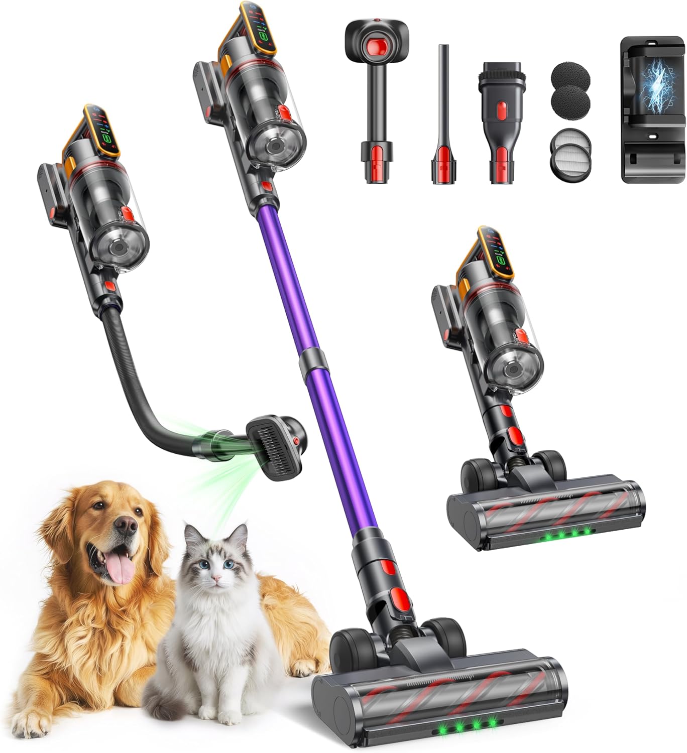 Fieety Akku Staubsauger 600W/50kPa/65Min, Staubsauger Kabellos mit Tierpflegebürste, 1M Schlauch, Wandladestation, 8-Schicht-Filtration Aromatherapie Ultraleise für Tierhaare, Teppich, Hartböden, Auto