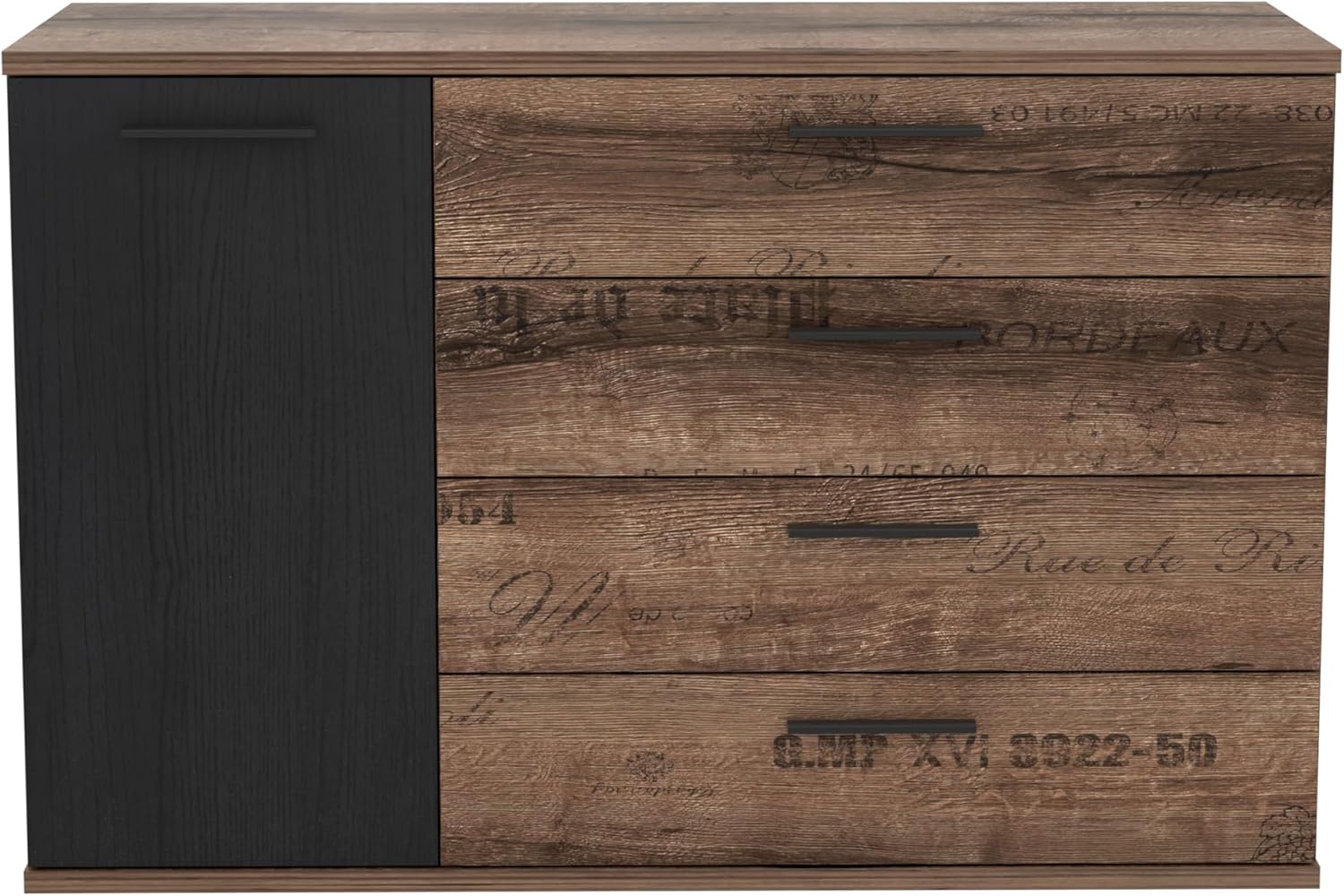 Forte JACKY Sideboard mit 4 Schubladen und 1 Tür, Holzwerkstoff, Script-Schlameiche/Schwarz Eiche, B x H x T: 124,9 x 83,1 x 41,3 cm