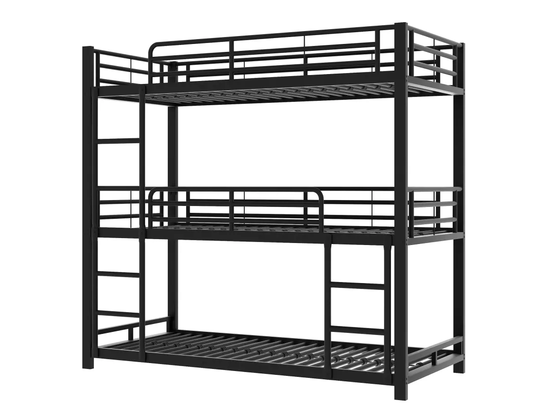 Lit superposé triple pour enfants - 90 x 200 cm - sommier à lattes inclus - métal noir