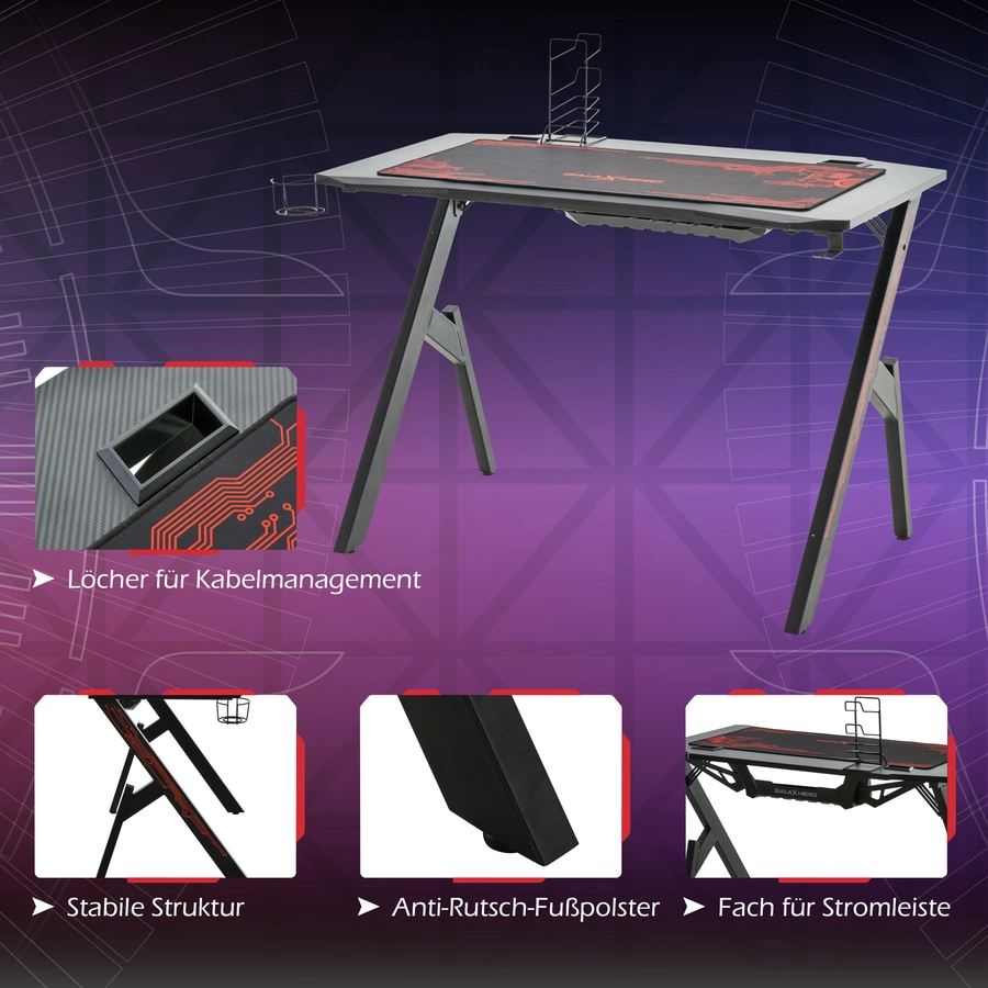 HOMCOM Gamingtisch mit Headset-Haken und Getränkehalter rot, schwarz