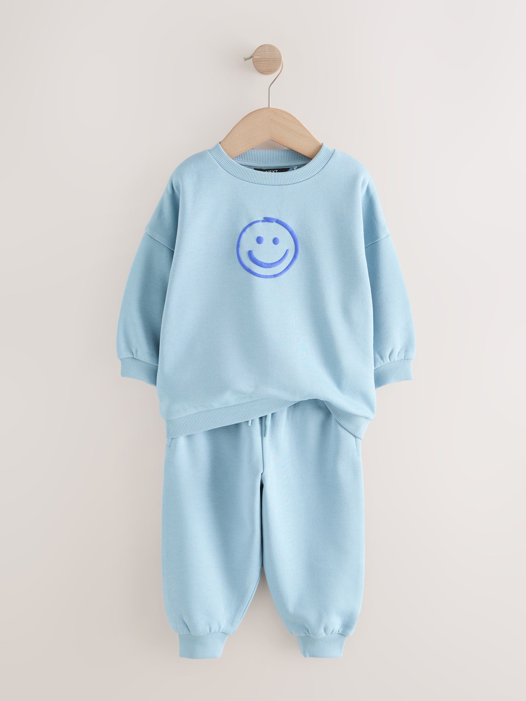 Chocoladebruin en blauw - Bedrukte set van sweater met ronde hals en joggingbroek (3mnd-7jr)
