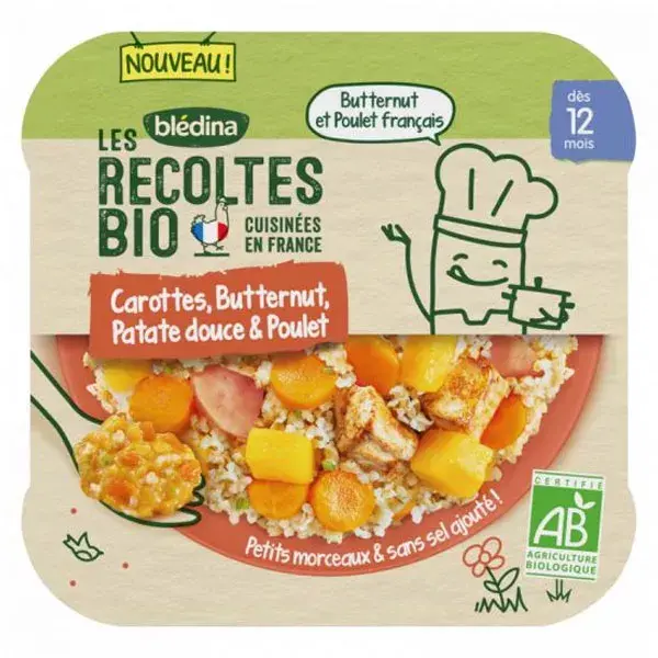 Blédina Colheitas Orgânicas - Tigela de 12ml com Cenouras, Abóbora Cabotiá, Batata-doce e Frango (230g)