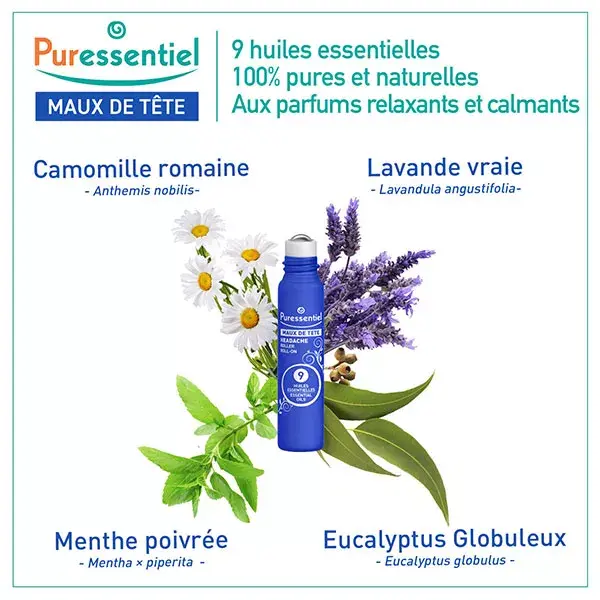 Puressentiel Wellbeing Roll-on para Dor de Cabeça com 9 Óleos Essenciais 5ml