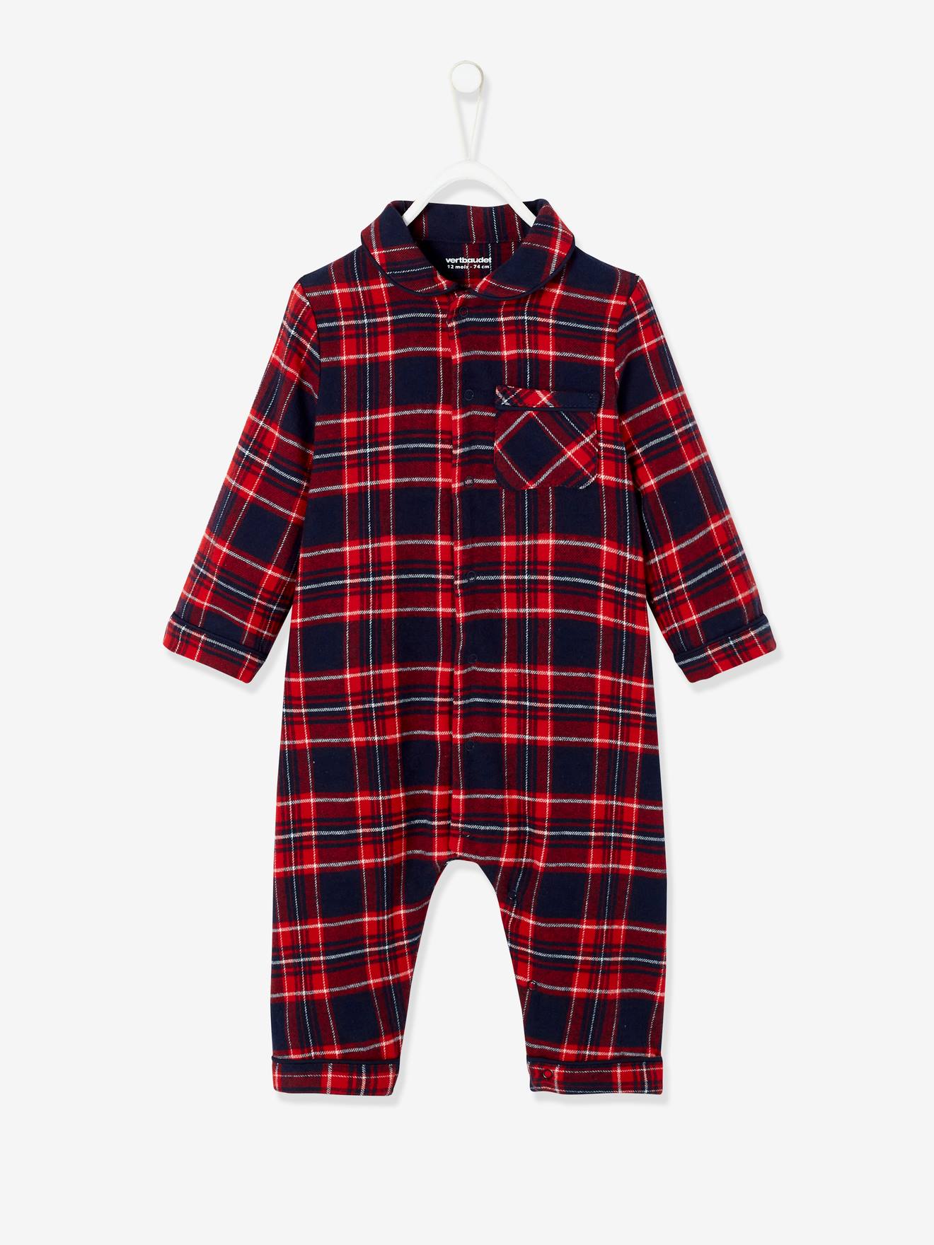 Macacão de flanela xadrez para bebê, xadrez vermelho escuro.
