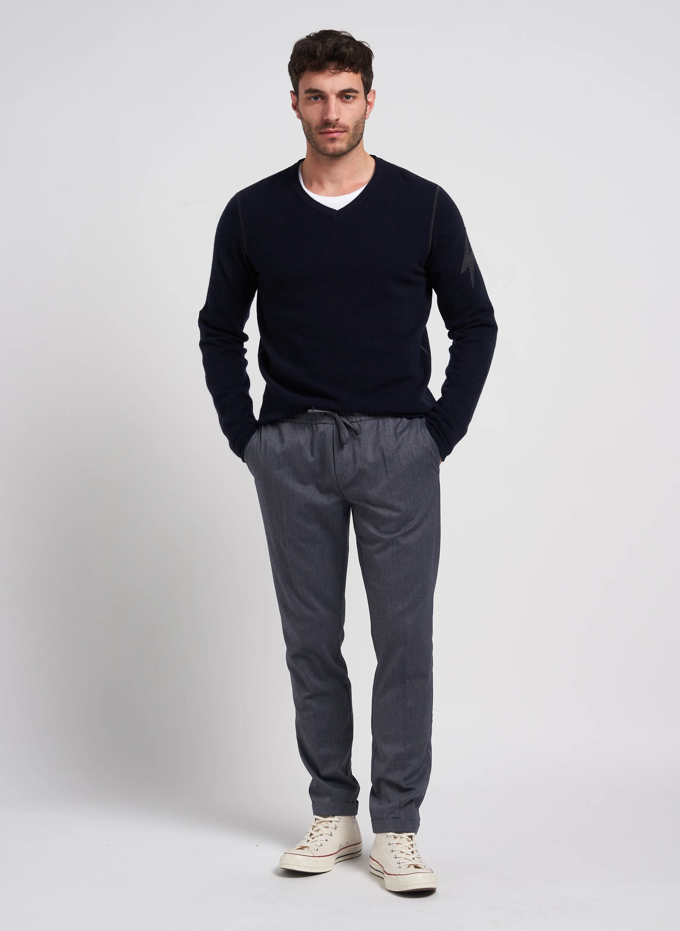 Pull droit col V en cachemire | Bleu