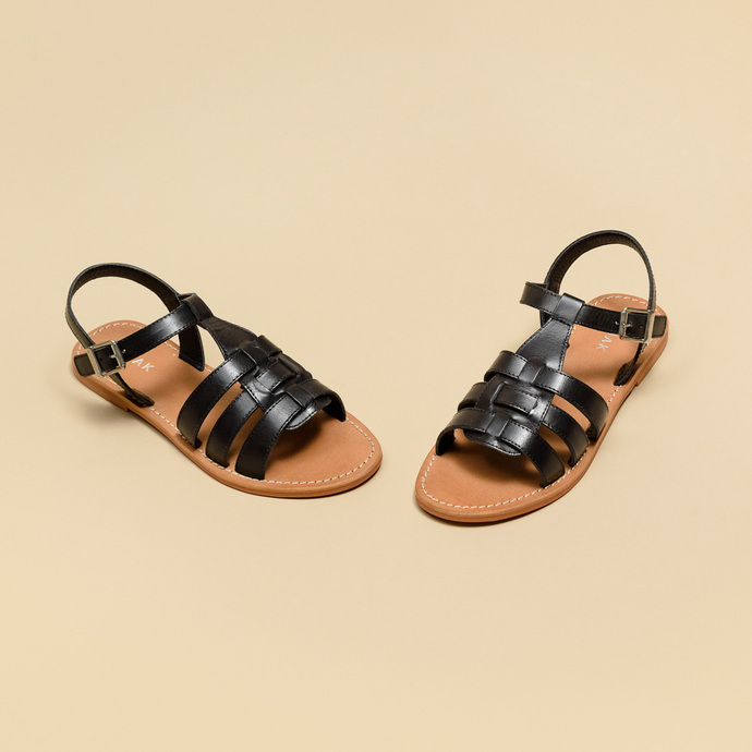 Sandales plates tressées  en cuir noir