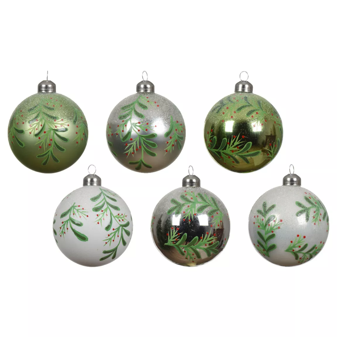 Lot de 12 boules de Noël en verre (D80 mm) Feuilles de Houx Vert