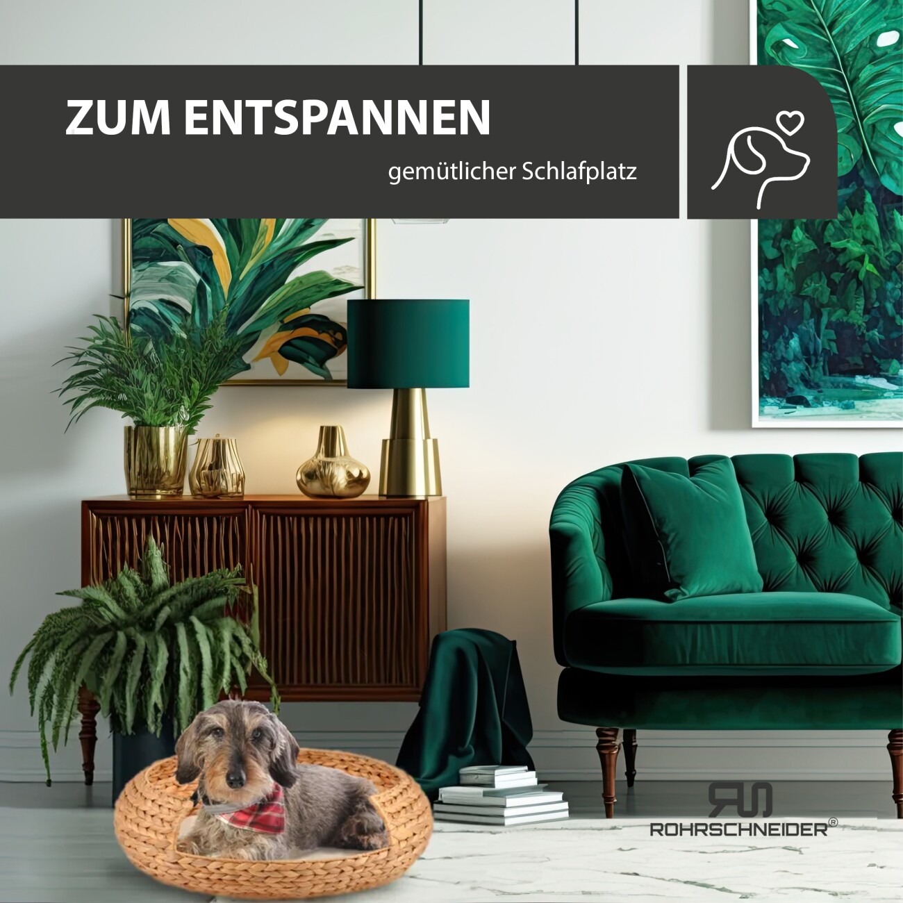 Rohrschneider ® runder Hundekorb aus geflochtener Wasserhyazinthe, Hundesofa für kleine, mittelgroße und große Hunde
