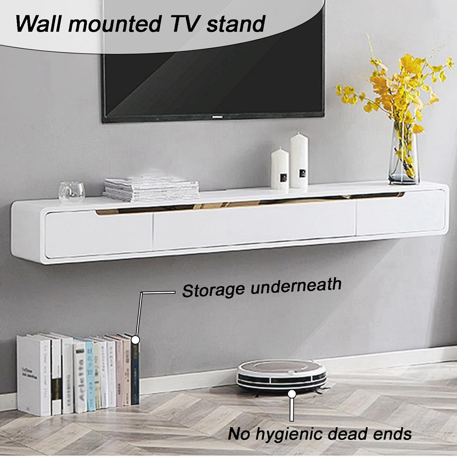 Massivholz TV Lowboard Hängend, TV Schrank hängend mit 2 Schubladen TV Board hängend Hängeschrank Wandregal komplett montiert (schwarz, 180cm)