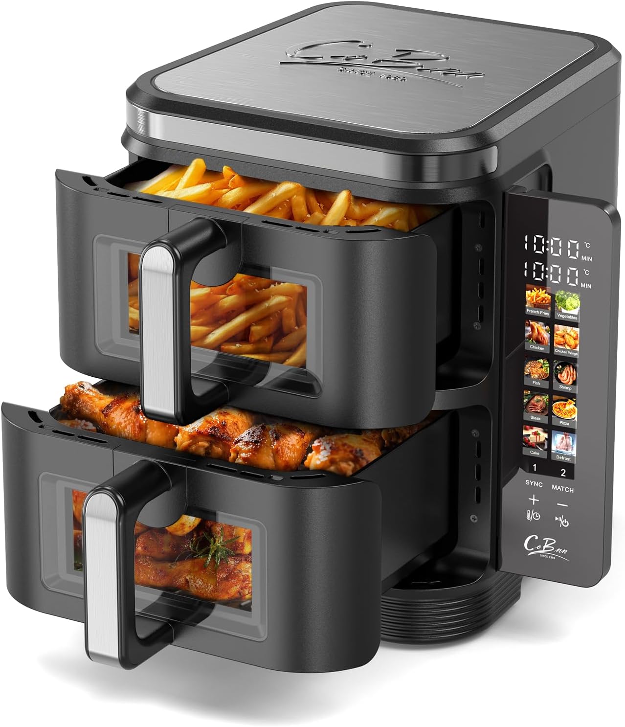 Heißluftfritteuse 2 Kammern übereinander, 11L Airfryer Doppelkammer mit Sichtfenster und Faltbarem Touchscreen, 10-in-1, V0-flammhemmendes Material, 2800W