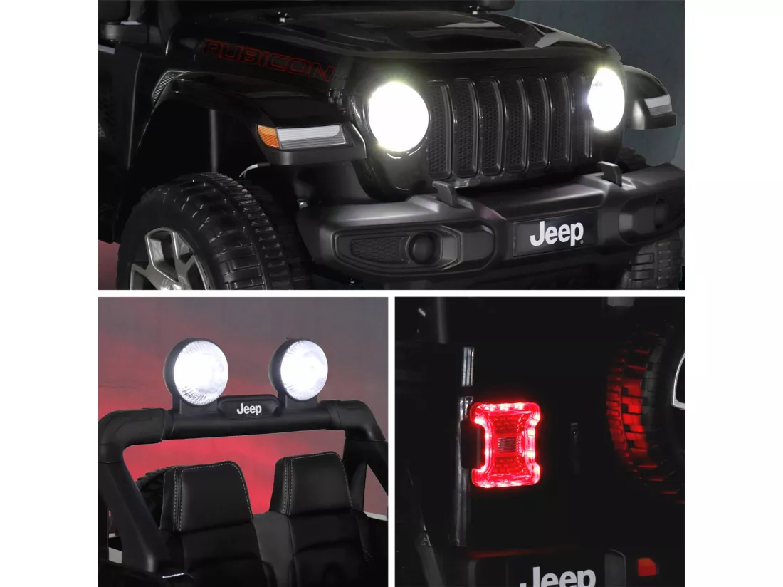 Voiture électrique 12V pour enfant - JEEP Wrangler Rubicon 2 roues motrices. noire. 1 place. avec autoradio. télécommande. MP3. port USB / carte SD. prise jack et phares fonctionnels