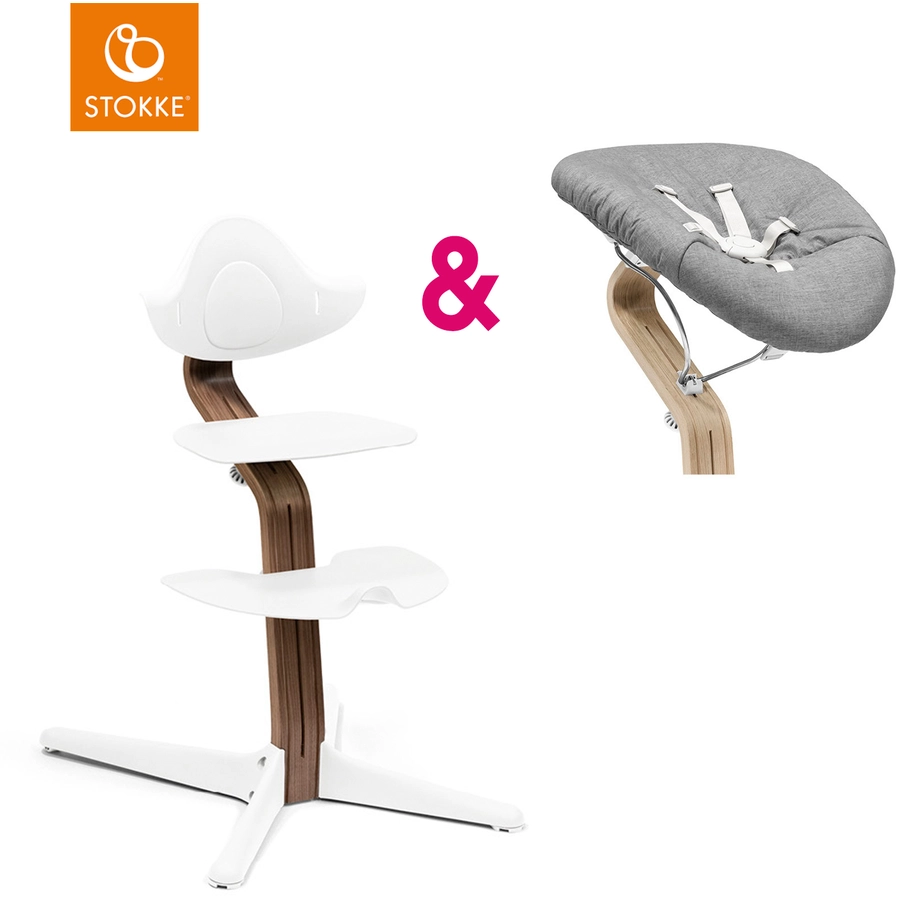 STOKKE® Nomi® Hochstuhl Walnuss  weiß inkl. Newborn Set weiß  grau pink
