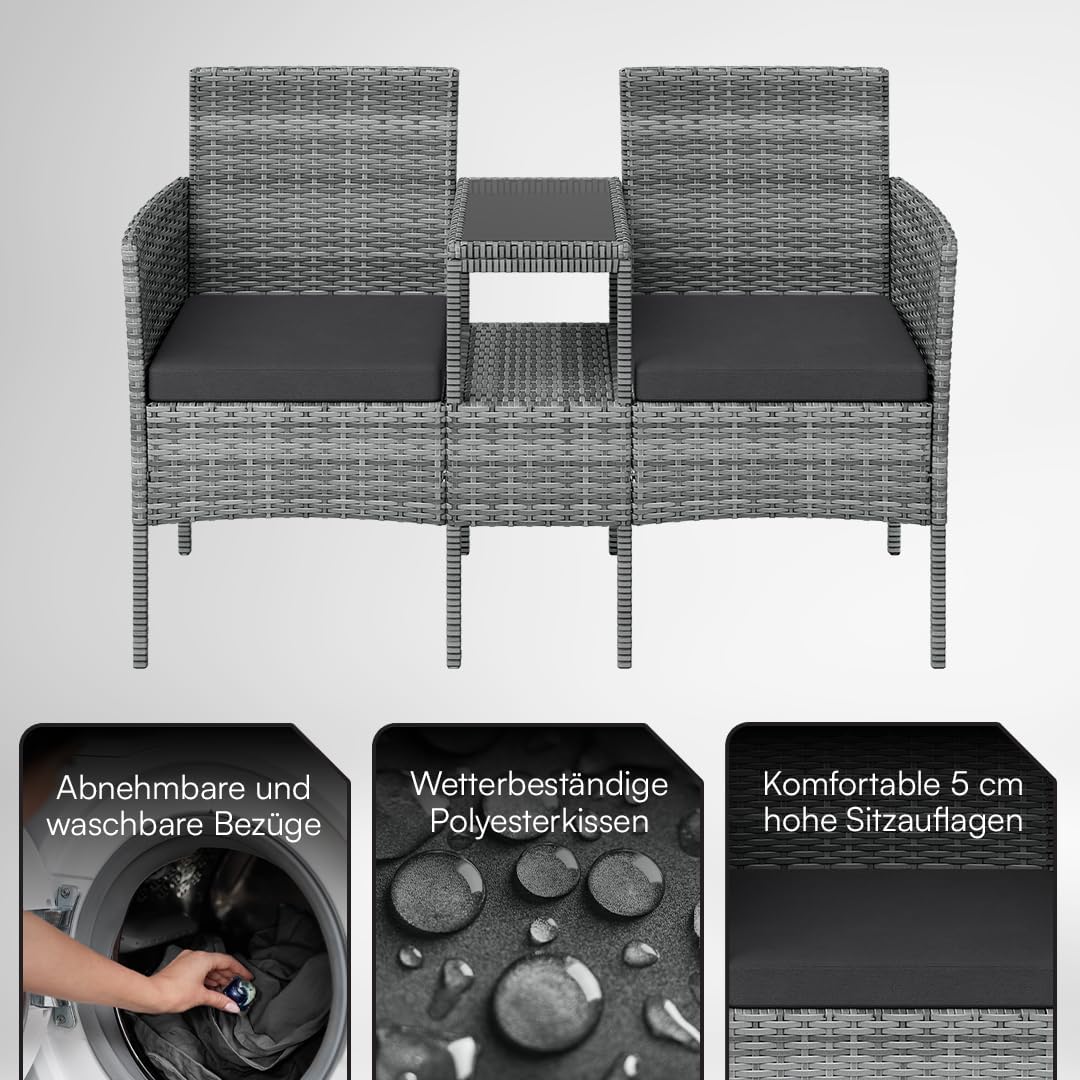 STEELSØN Gartenbank mit Tisch Velara aus Polyrattan, Sitzgruppe für 2 Personen, Balkonmöbel 2er Sofa mit Polster wetterfest, Gartensofa Terrassenmöbel in grau-meliert/anthrazit 81x65x135 cm (HxTxB)